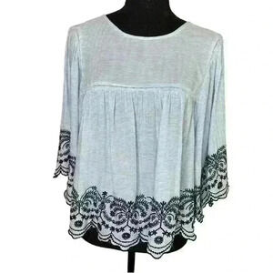 Zara Basics Stripes Embroidered Top 3/4 Sleeve Wide Sleeve